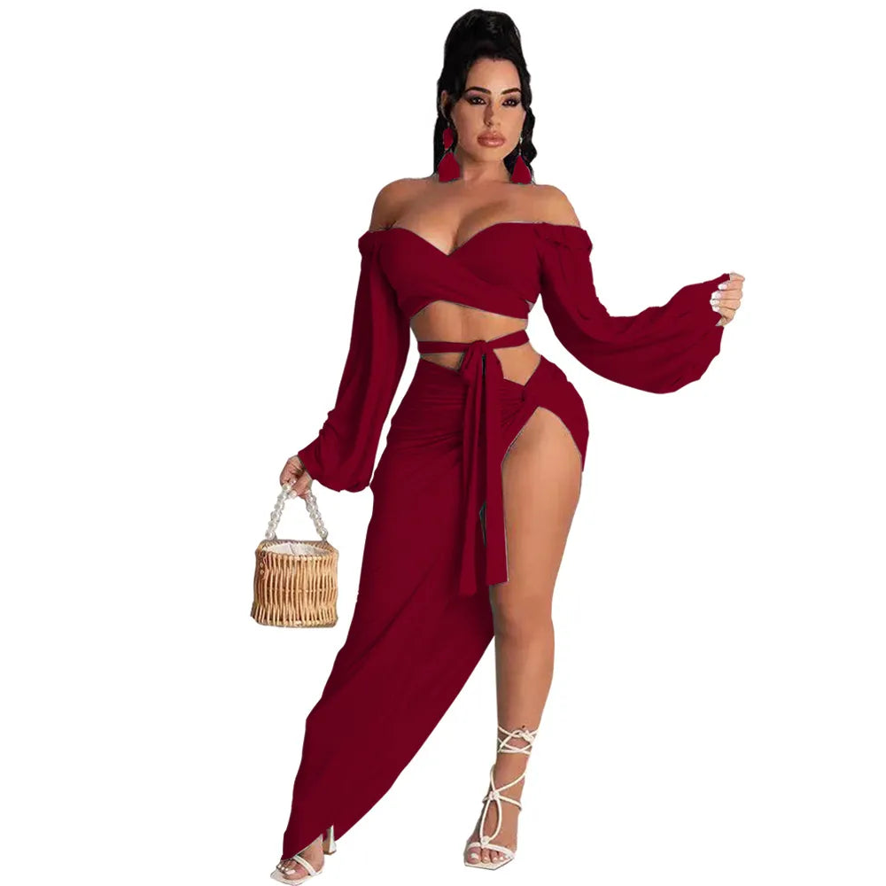 Women Solid Color Off-Shoulder Long-Sleeved Fashion Crop Top Side Slit Skirt