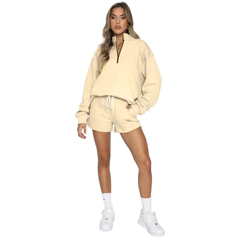 Women Casual Solid Color Stand Collar Half Zipper Long Sleeve Hoodie And Shorts Set