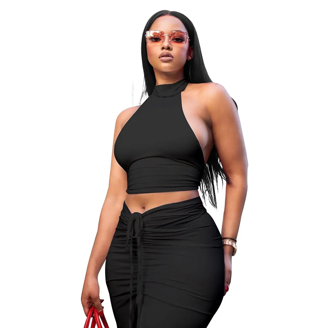 Women Sexy Solid Color Round Neck Backless Halter Top And Drawstring Skirt Set
