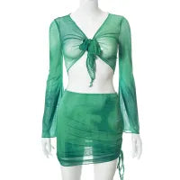 Women Fashion Sexy V-Neck Tie-Dye Print Long Sleeve Crop Top Mesh Skirt Two-Piece Set