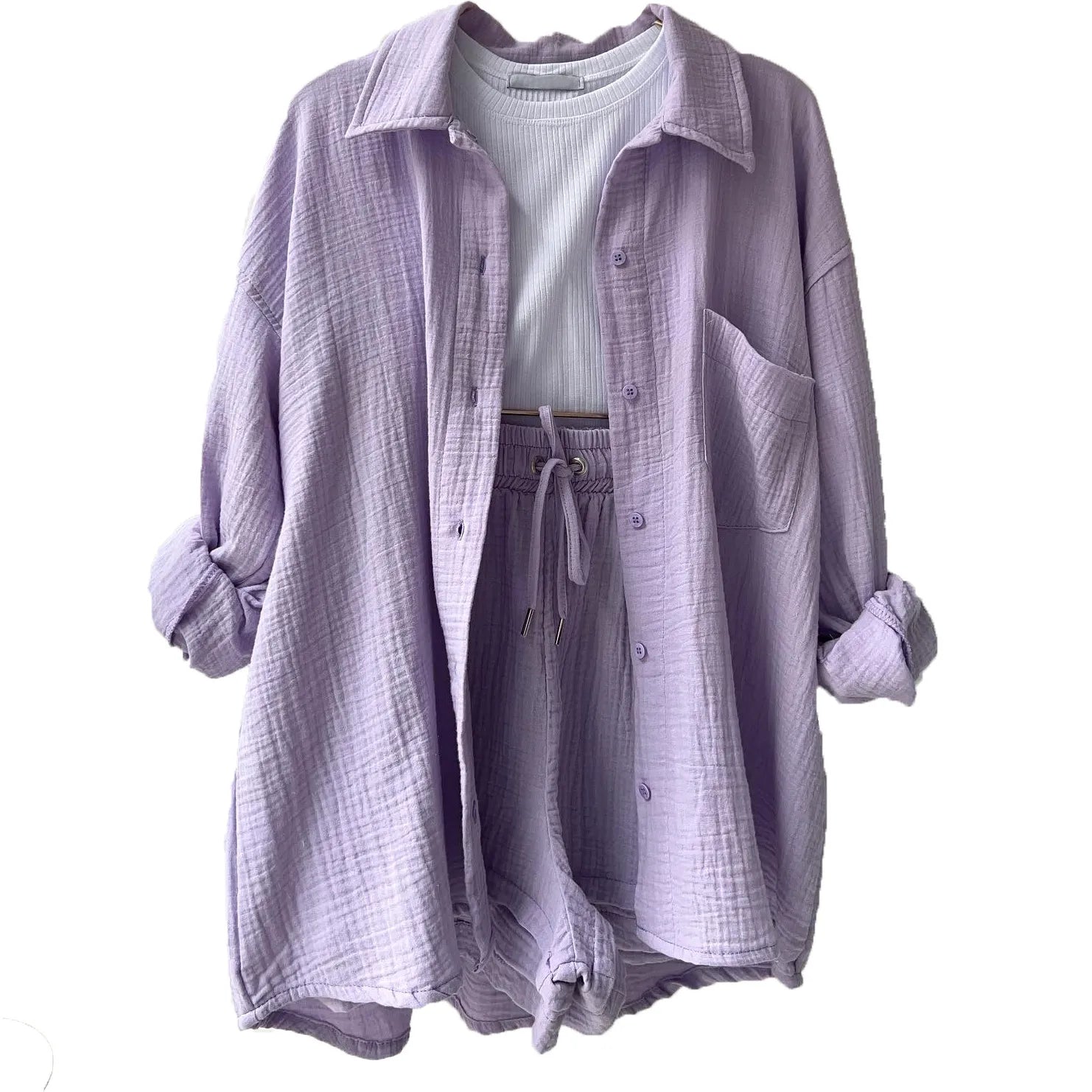 Women Casual Solid Color Pleated Lapel Long Sleeve Top And High Waist Shorts Casual Two-Piece Set