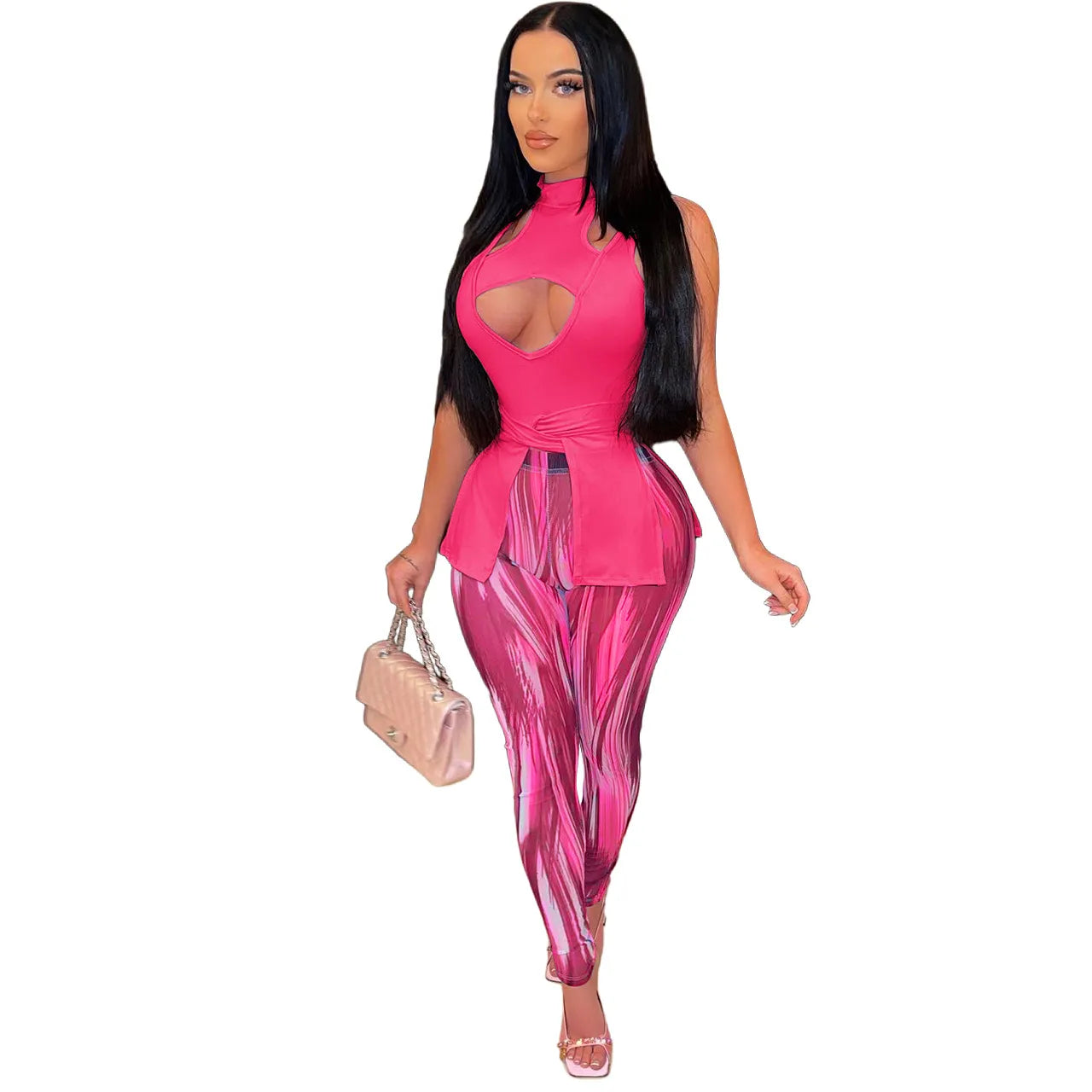 Summer Women Sexy Sleeveless Cut Out Irregular Hem Top And Tie Dye Skinny Pants Two Piece Set