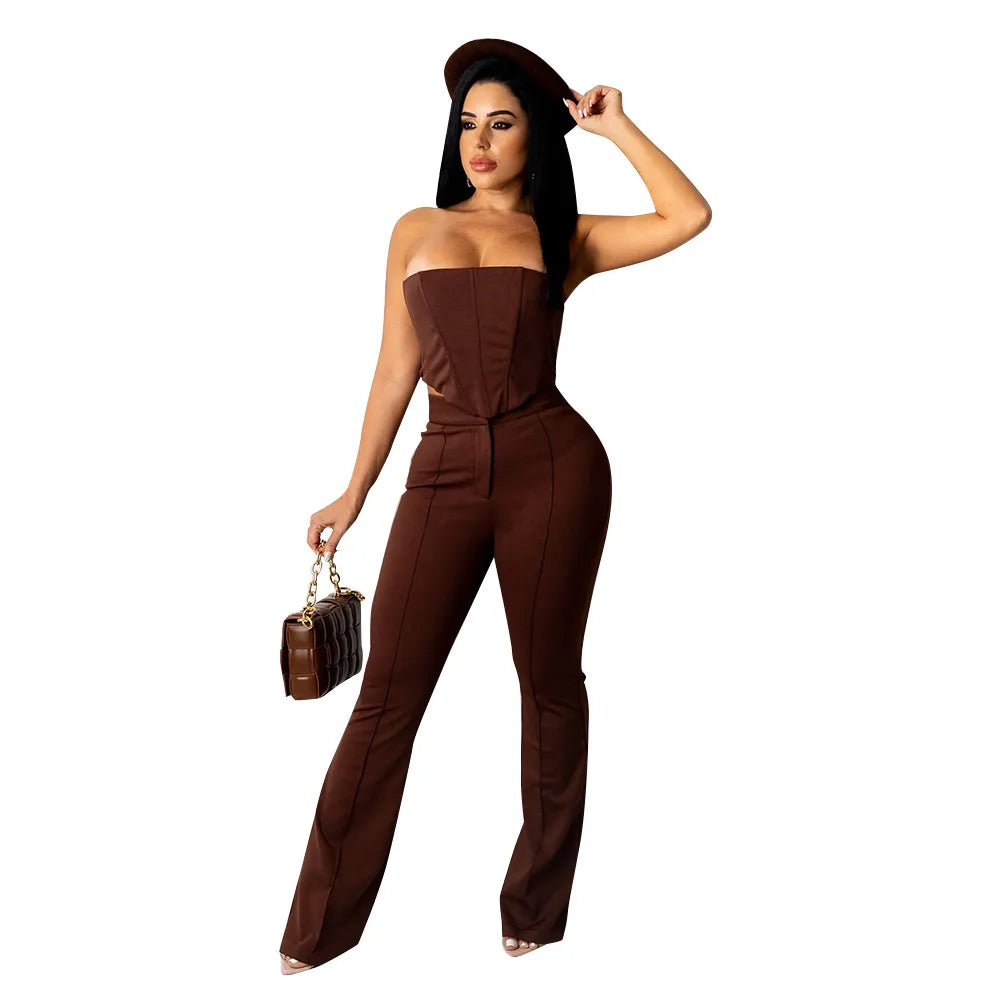 Women Fashion Sexy Tight Solid Color Backless Tube Top Defined Waist Pants 2pcs Set