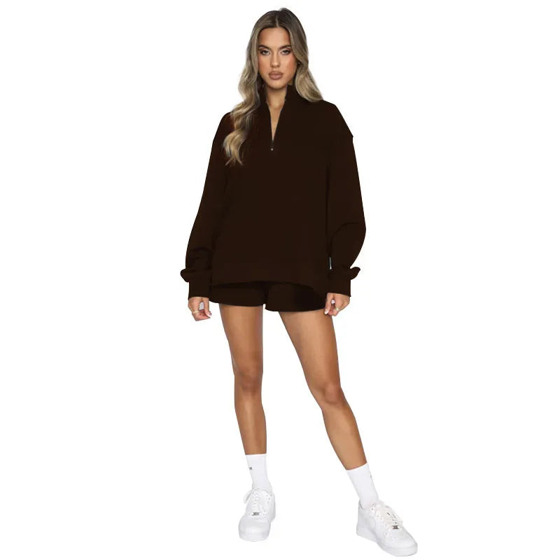 Women Casual Solid Color Stand Collar Half Zipper Long Sleeve Hoodie And Shorts Set