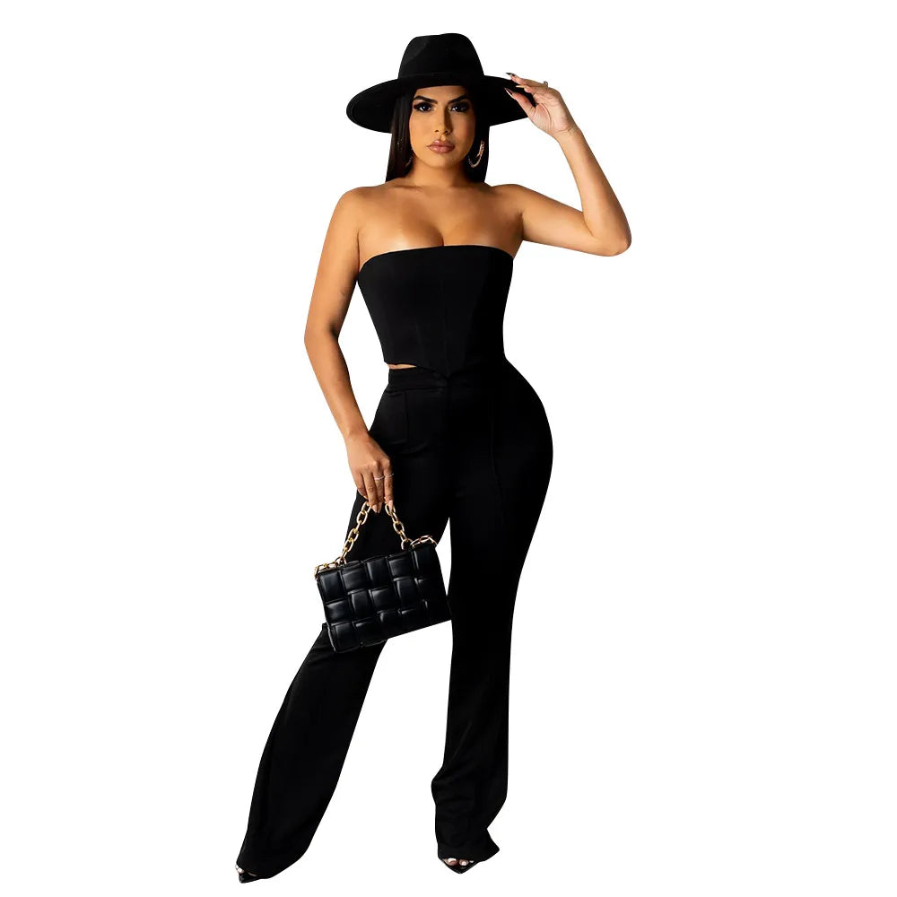 Women Fashion Sexy Tight Solid Color Backless Tube Top Defined Waist Pants 2pcs Set