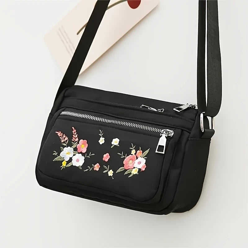 Lightweight Chic Embroidered Floral Nylon Crossbody Bag