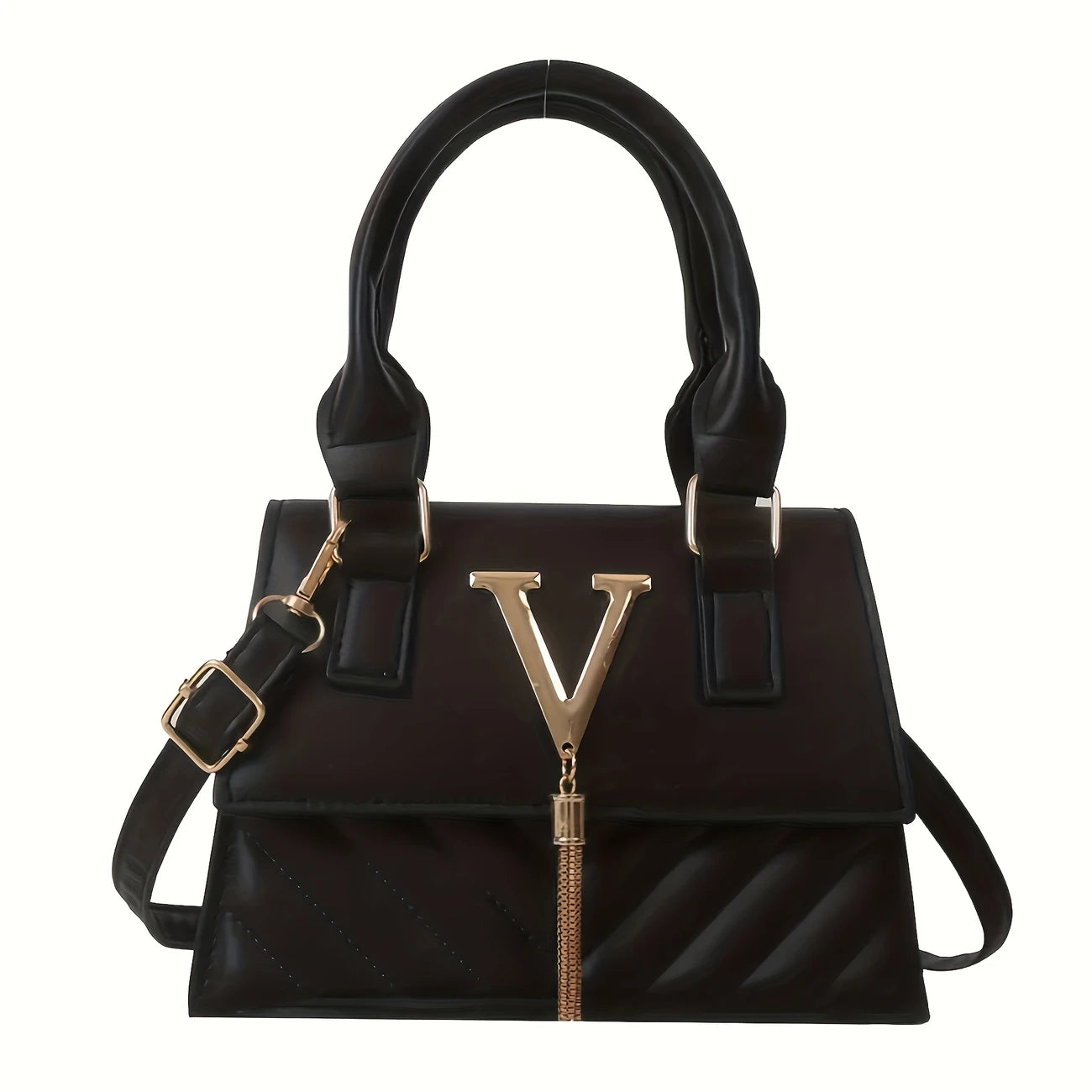 Compact Shoulder Handbag with Golden-Tone V Hardware & Tassel – Everyday Essentials, Commuting, and Gifting