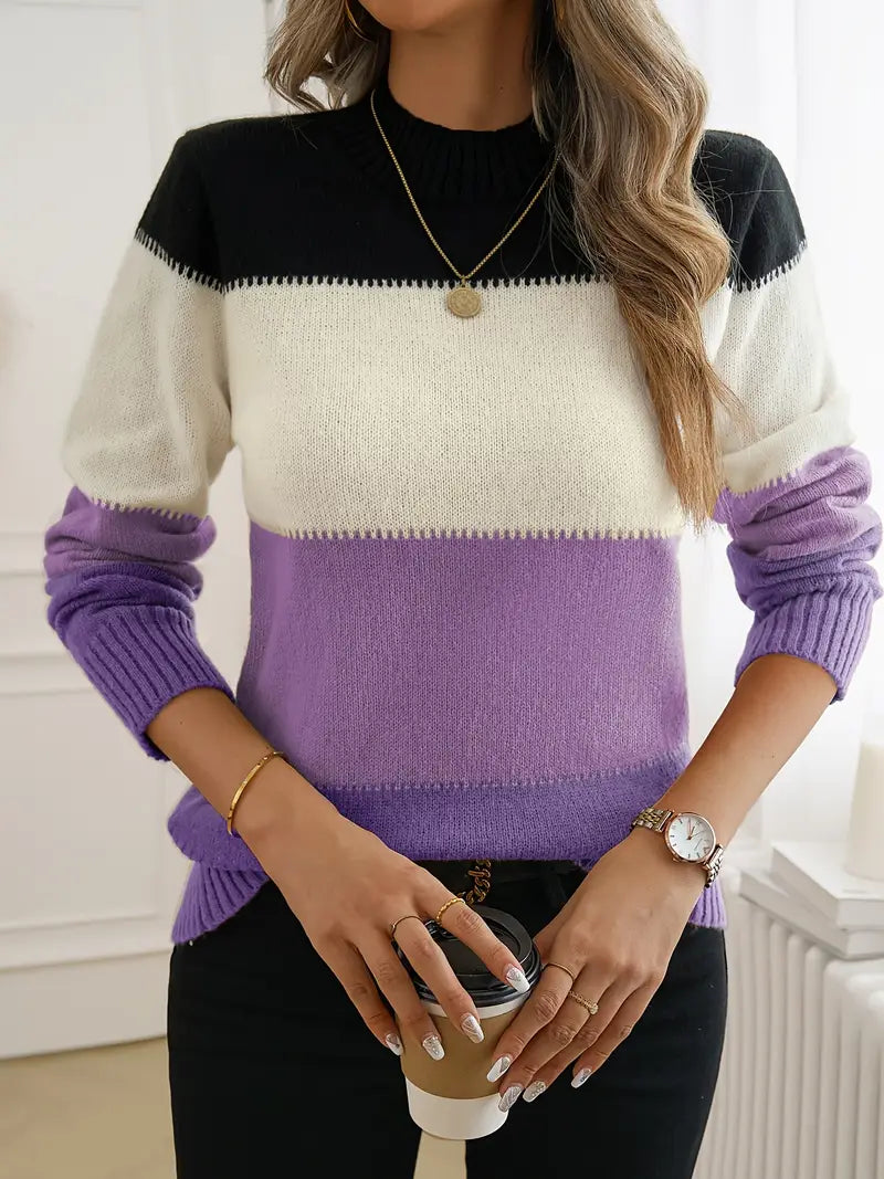 Women's Elegant Color Block Crew Neck Sweater