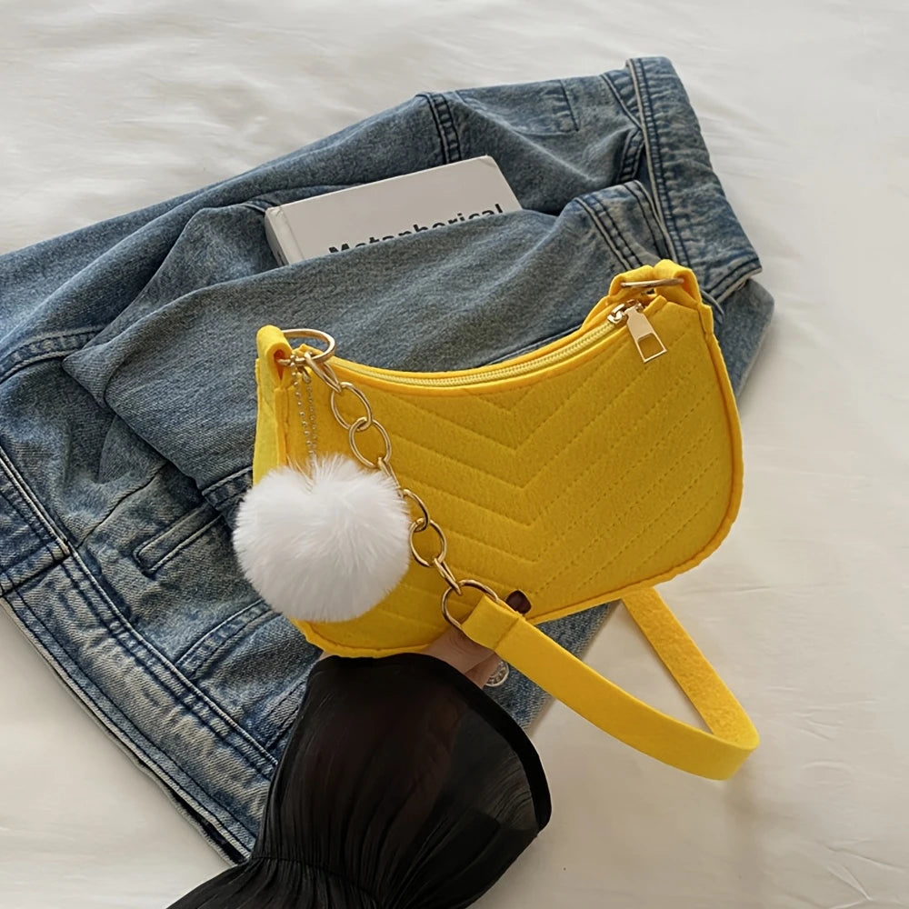 Women's Faux Fur Ball Embellished Shoulder Bag