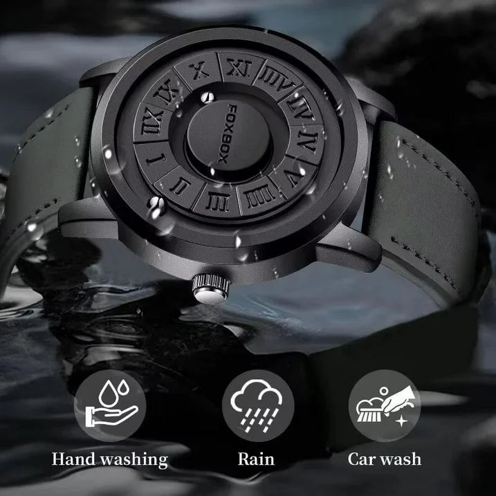 FOXBOX Watch Man Creative Scrolling Pointer Magnetic Force Quartz Wristwatch Genuine Leather Mens Watches