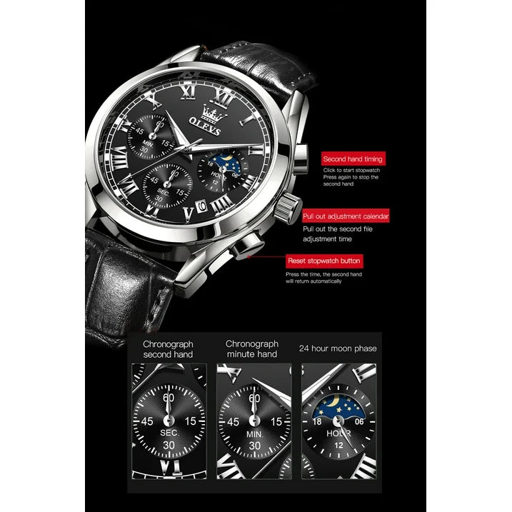 Leather Strap Date Silver Classic Watch for Men
