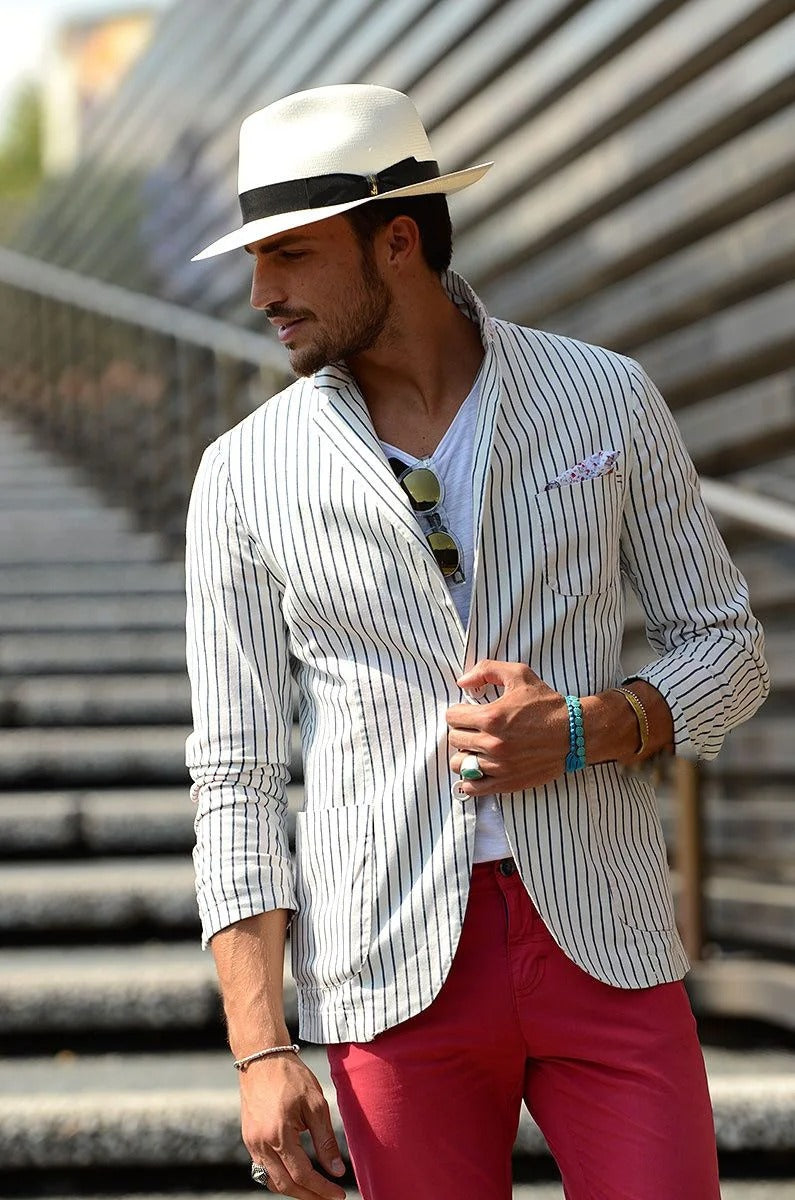 Men's Suit Cotton Linen Loose Striped Thin Casual Suit Jacket for Men Blazer