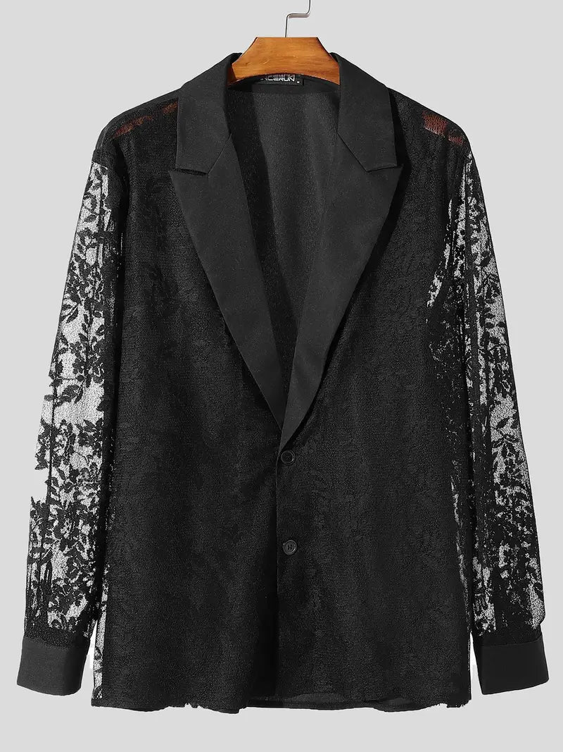 Men'S Elegant Floral Lace Patchwork Blazer