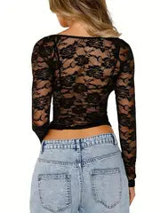 Women Y2k Lace Long Sleeve Top Sexy Sheer Mesh Low Cut Slim Fit Shirts See Through Going Out Crop Tops