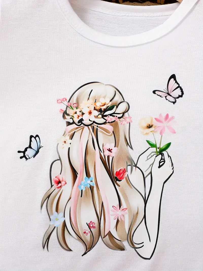 Printed Short Sleeve T-shirt + Floral Printed Short Skirt