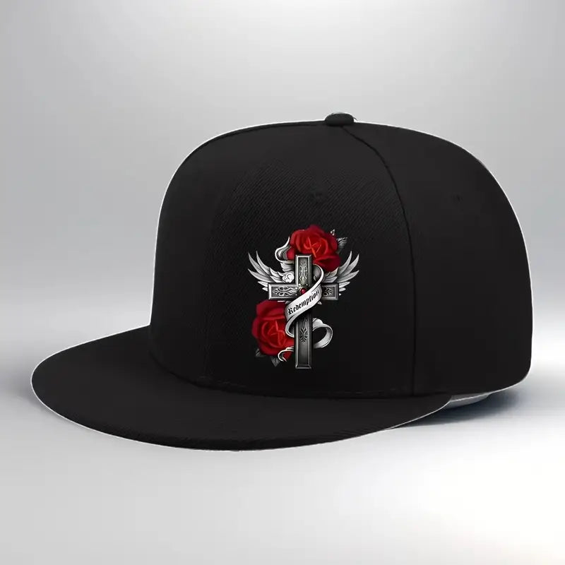Flat-Brim Hip-Hop Cap with Red Rose Cross Design