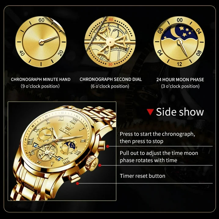 Stainless Steel Waterproof Luminous Date Wrist Watch For Men Gold Dial