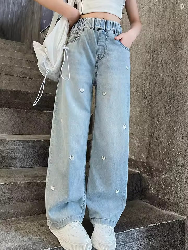 Summer Girls' Fashion Loose-Fit Solid Color Wide-Leg Jeans