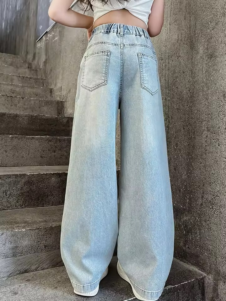 Summer Girls' Fashion Loose-Fit Solid Color Wide-Leg Jeans