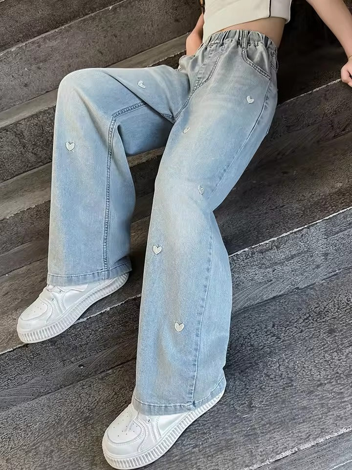 Summer Girls' Fashion Loose-Fit Solid Color Wide-Leg Jeans