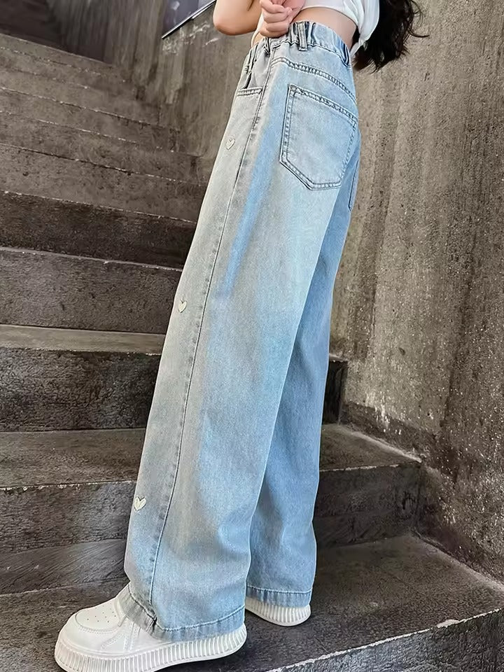 Summer Girls' Fashion Loose-Fit Solid Color Wide-Leg Jeans