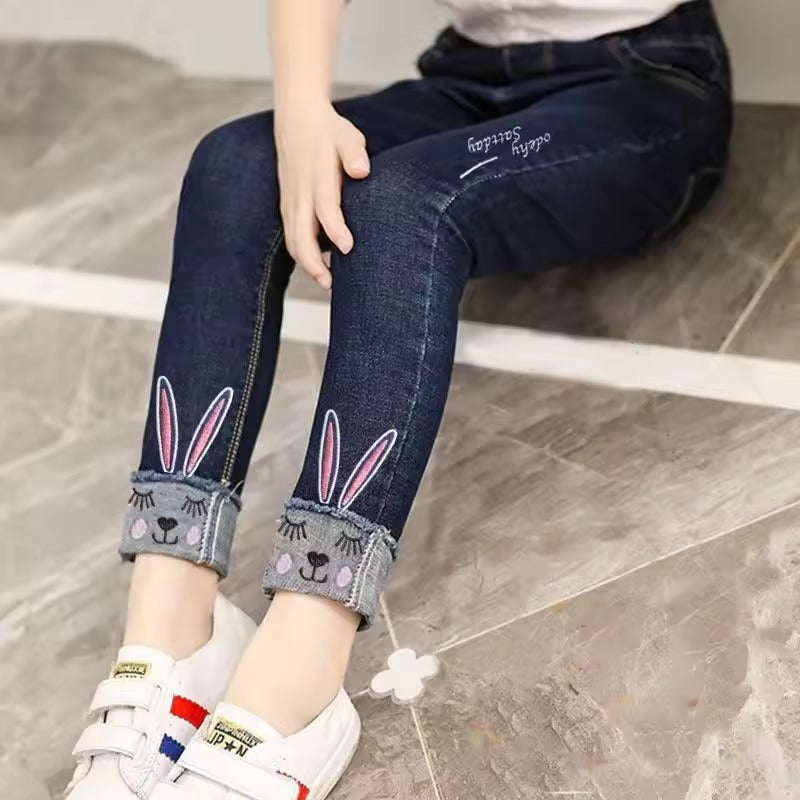 Autumn Girls' Cartoon Applique Denim Jeans