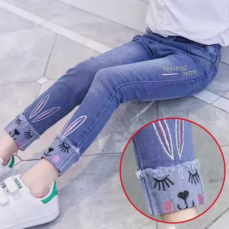 Autumn Girls' Cartoon Applique Denim Jeans