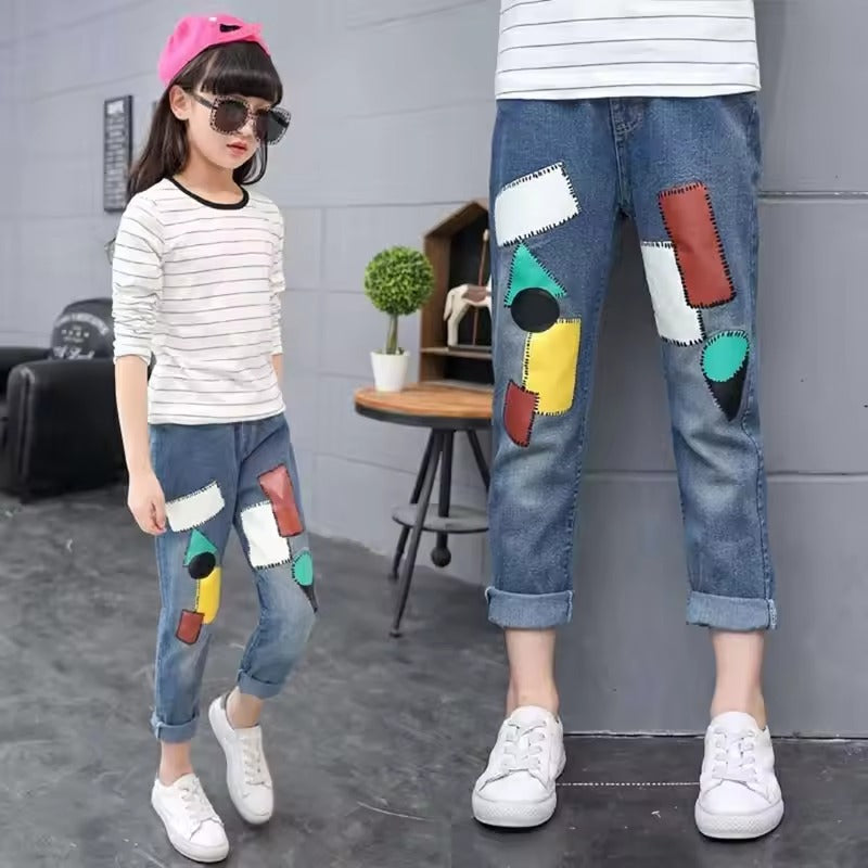 Autumn Girls' Cartoon Applique Denim Jeans