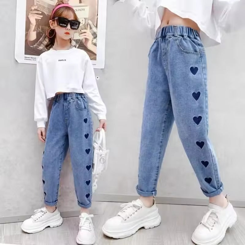 Autumn Girls' Cartoon Applique Denim Jeans