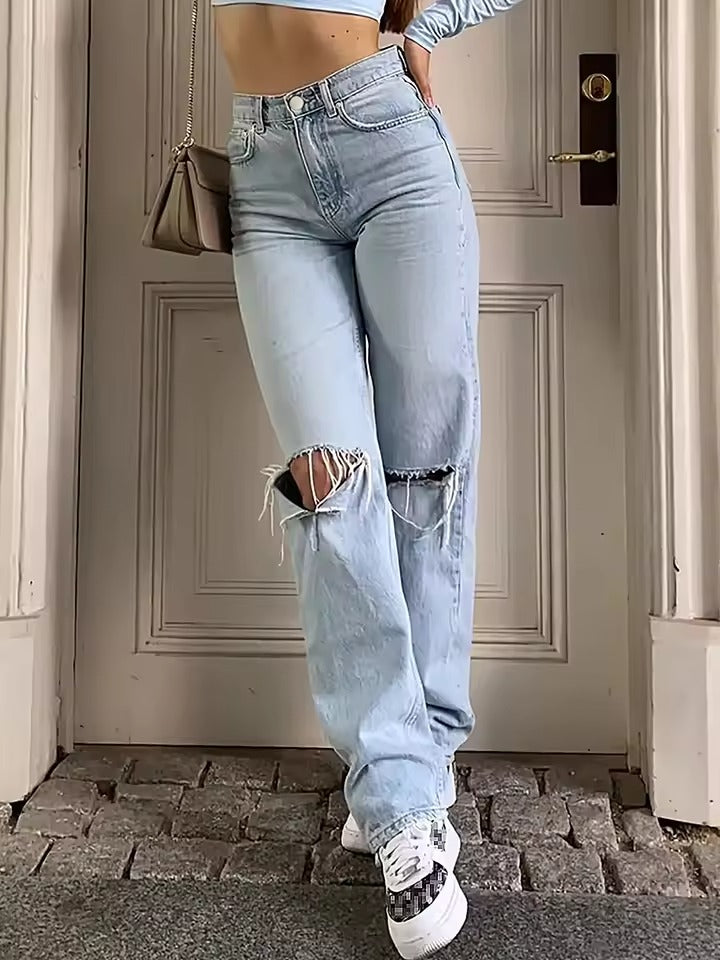 Women's Knee-Piercing Casual Straight Micro-Elastic Jeans