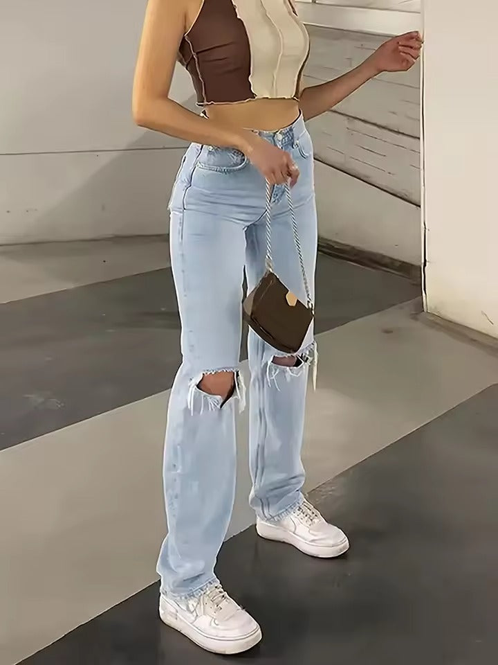Women's Knee-Piercing Casual Straight Micro-Elastic Jeans