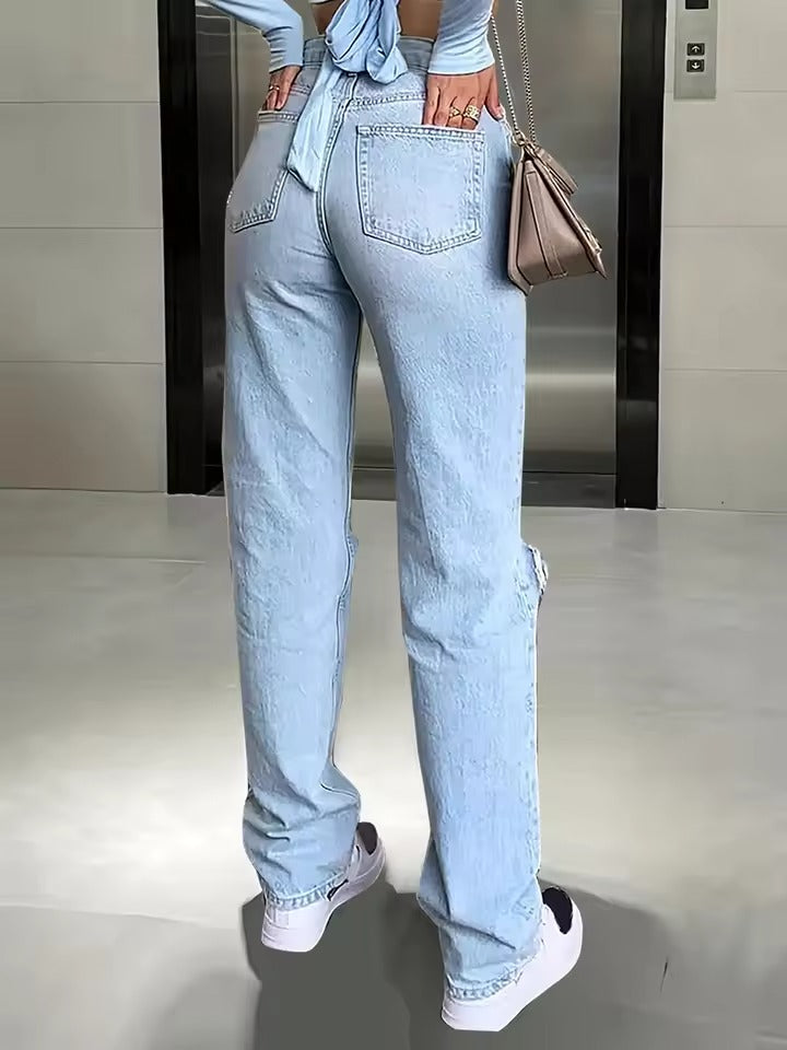 Women's Knee-Piercing Casual Straight Micro-Elastic Jeans