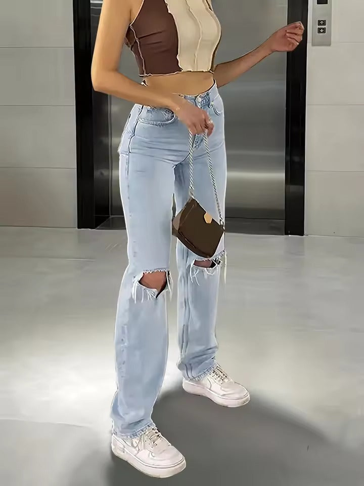Women's Knee-Piercing Casual Straight Micro-Elastic Jeans