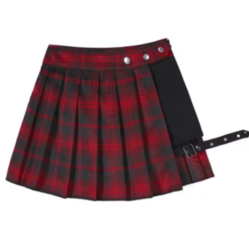 Gothic Pleated Plaid Asymmetrical High-Waist Skirt