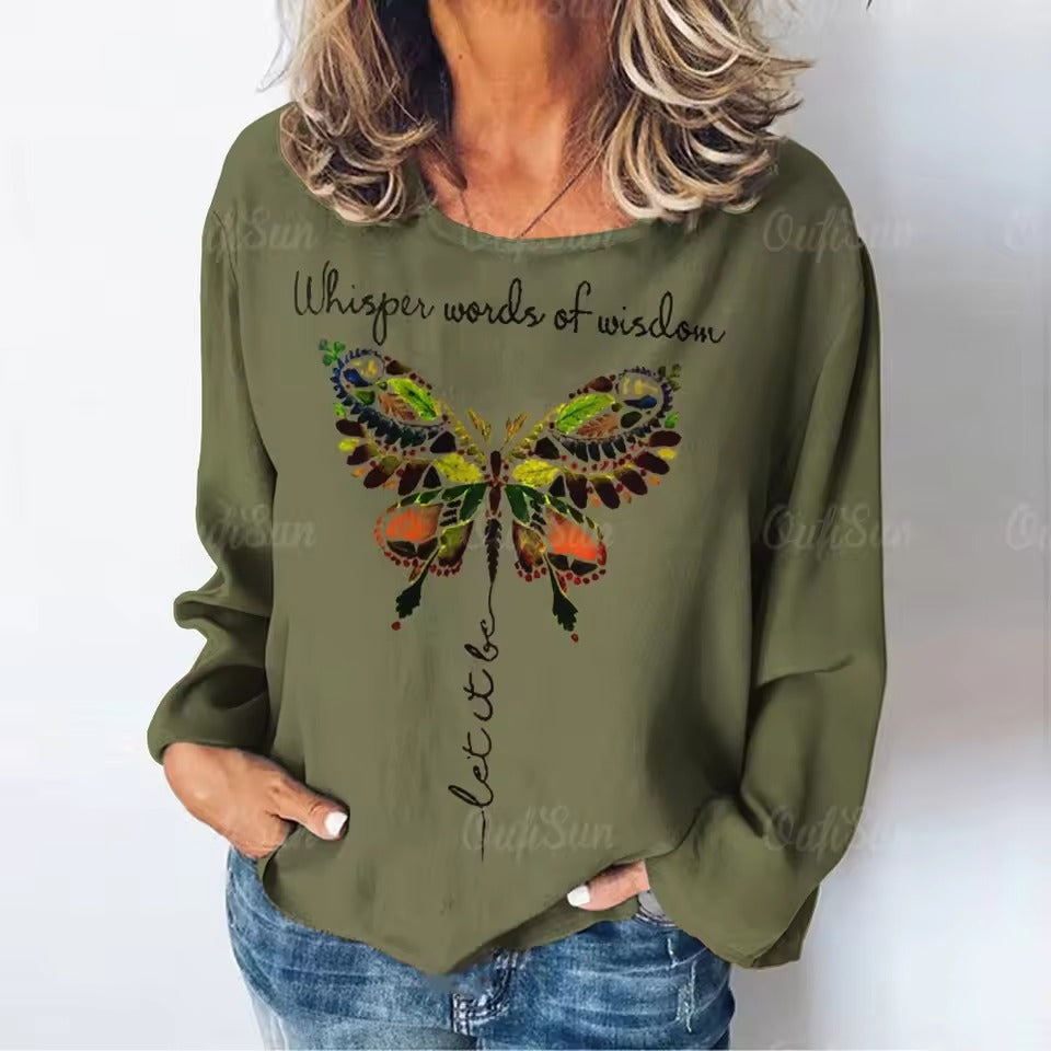Women's T-Dragonfly Pattern Long Sleeves Tees Tops