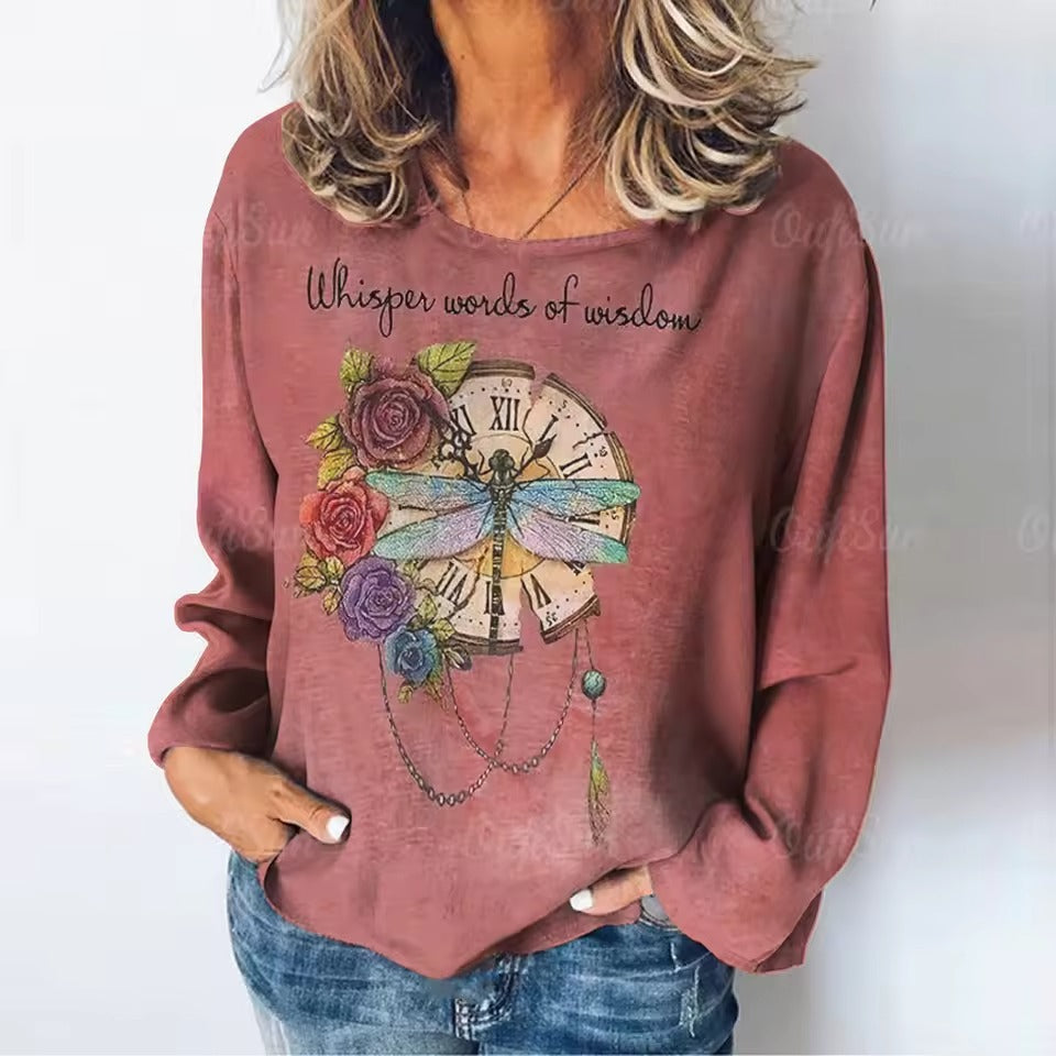 Women's T-Dragonfly Pattern Long Sleeves Tees Tops