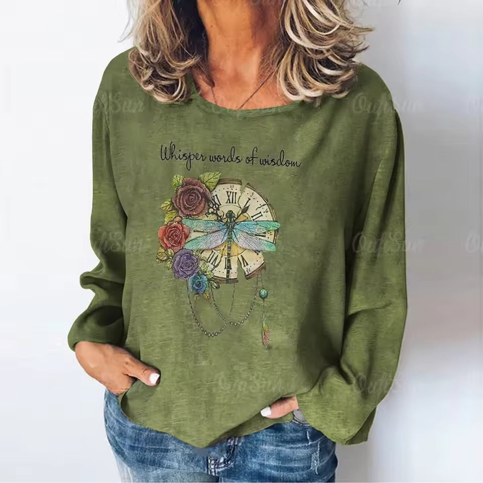 Women's T-Dragonfly Pattern Long Sleeves Tees Tops