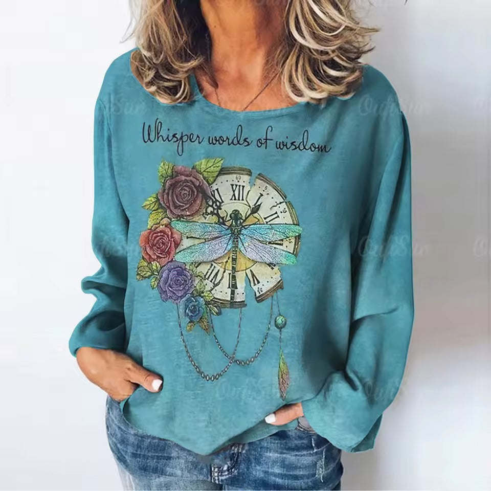 Women's T-Dragonfly Pattern Long Sleeves Tees Tops