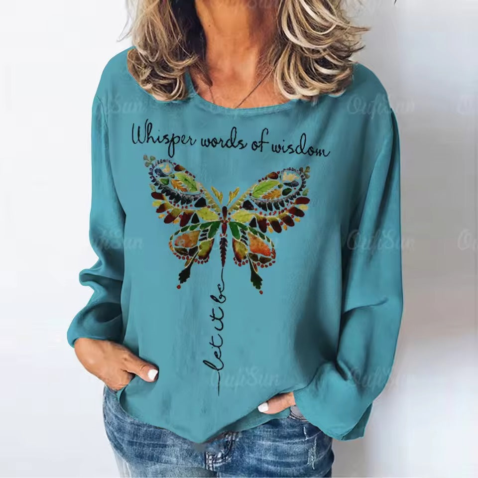 Women's T-Dragonfly Pattern Long Sleeves Tees Tops