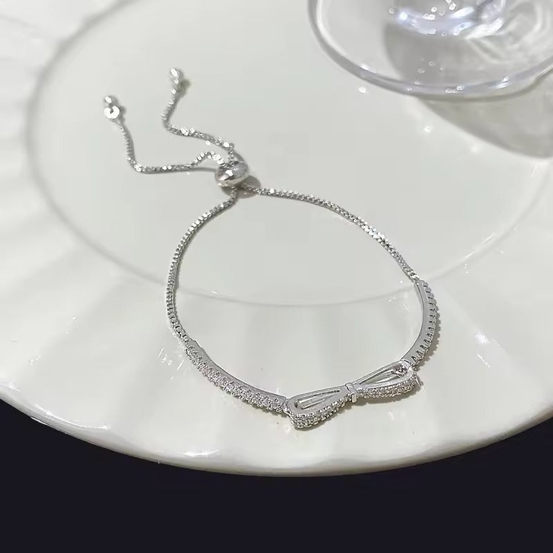 925 Sterling Silver Zircon Bow Adjustable Bracelet