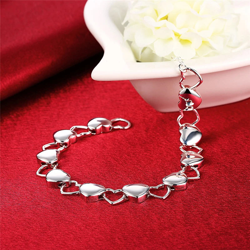 925 Sterling Silver Hollow Heart Charm Bracelet