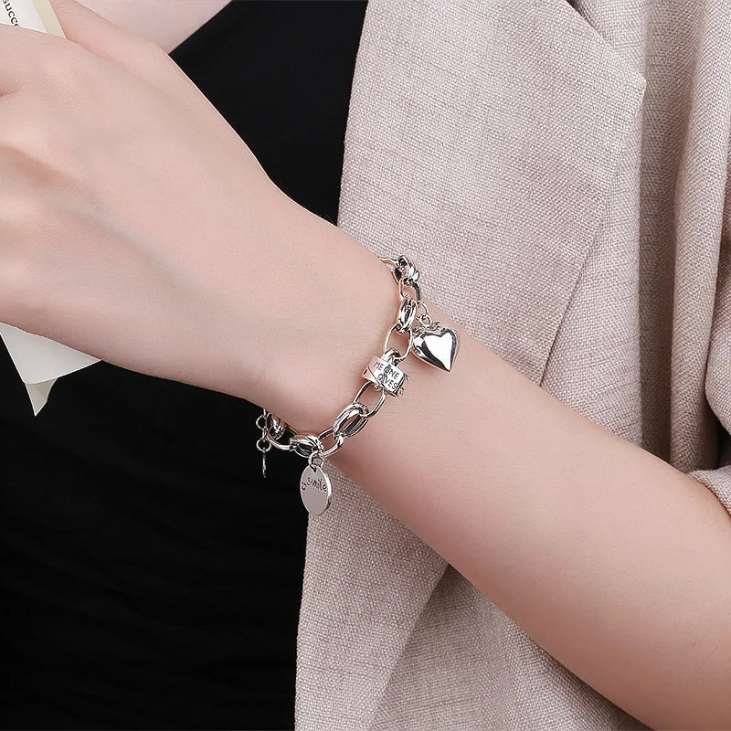 Vintage 925 Sterling Silver Heart Charm Bracelet for Women