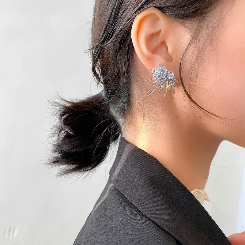 Silver Color Big Plant-Inspired Stud Earrings with Zircon