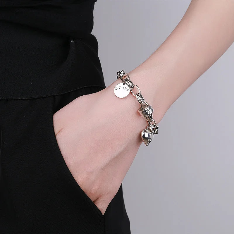 Vintage 925 Sterling Silver Heart Charm Bracelet for Women