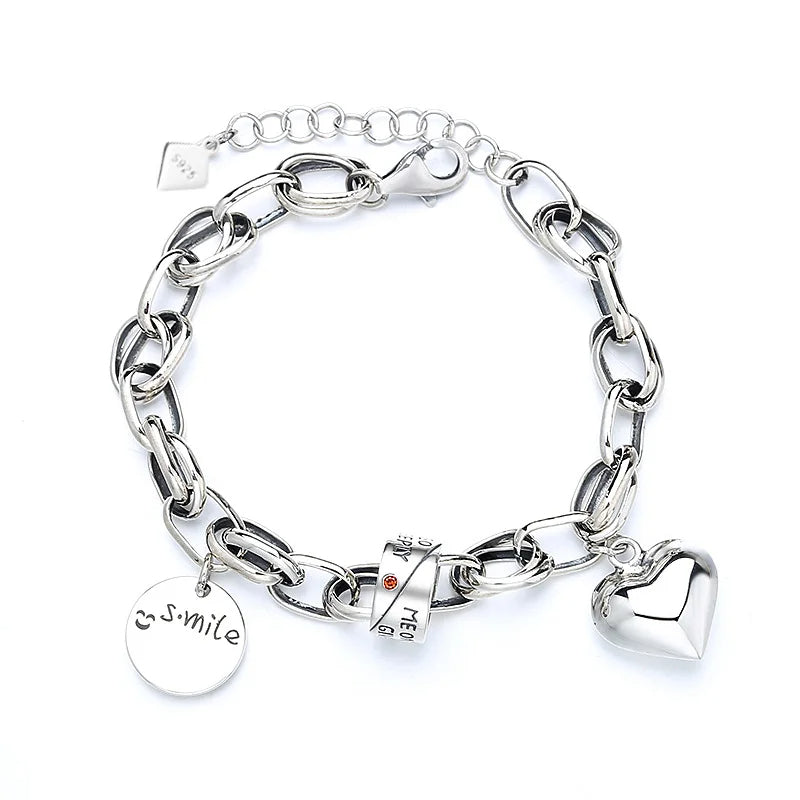 Vintage 925 Sterling Silver Heart Charm Bracelet for Women