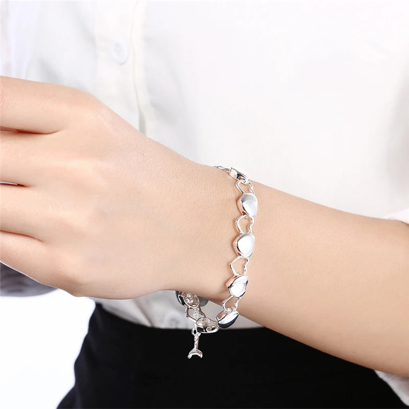 925 Sterling Silver Hollow Heart Charm Bracelet