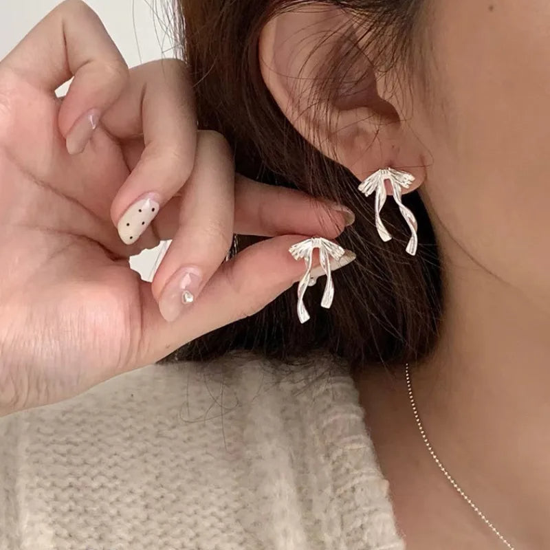 Romantic Style 925 Sterling Silver Bow Knot Tassel Earrings