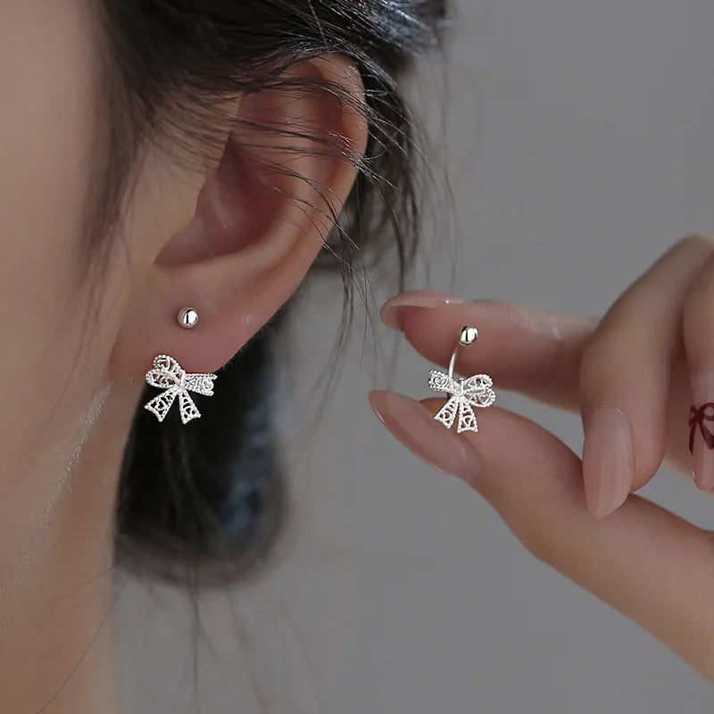 925 Sterling Silver Lace Heart Bow Stud Earrings