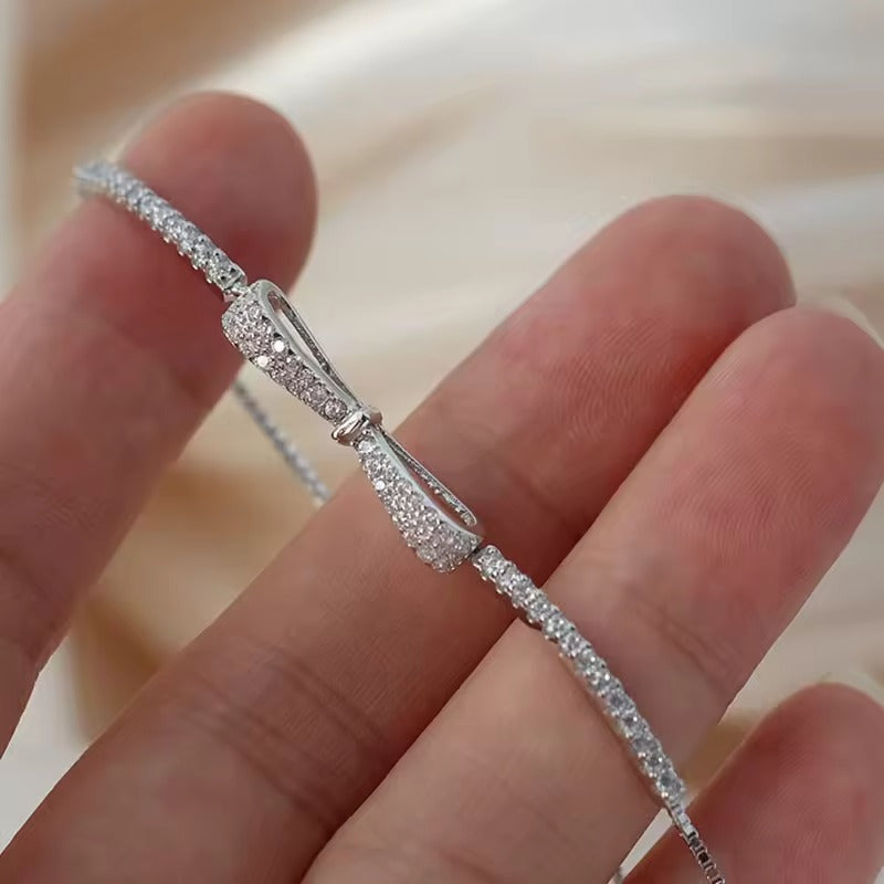 925 Sterling Silver Zircon Bow Adjustable Bracelet