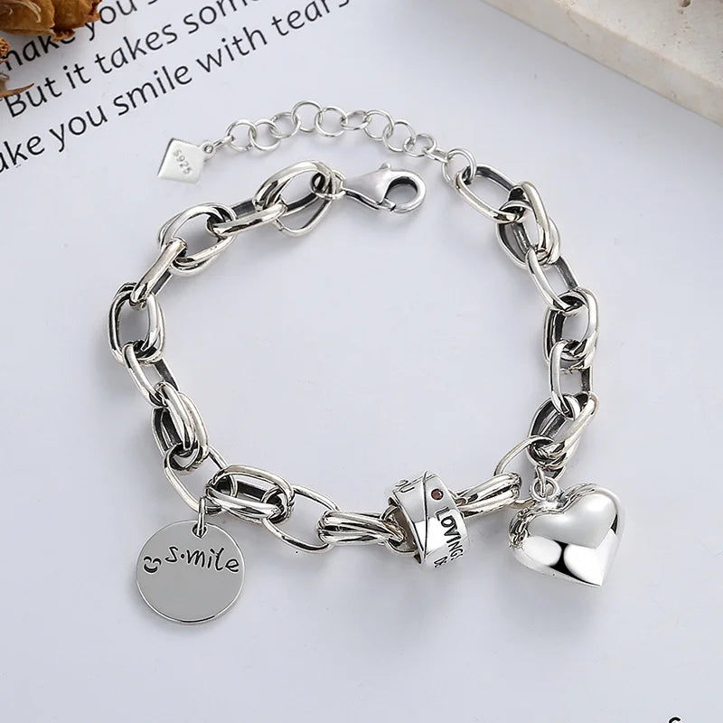 Vintage 925 Sterling Silver Heart Charm Bracelet for Women
